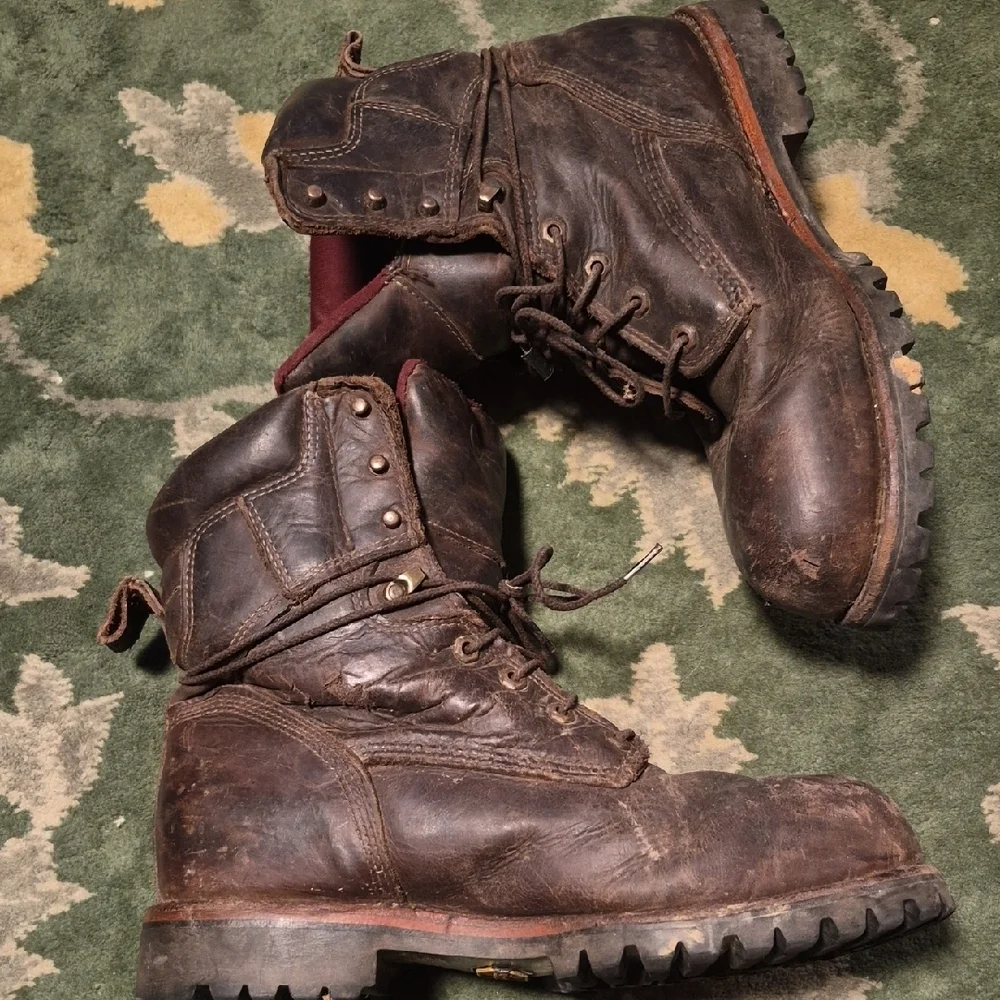 Chippewa Brown Leather Work Boots with Burgundy Liner